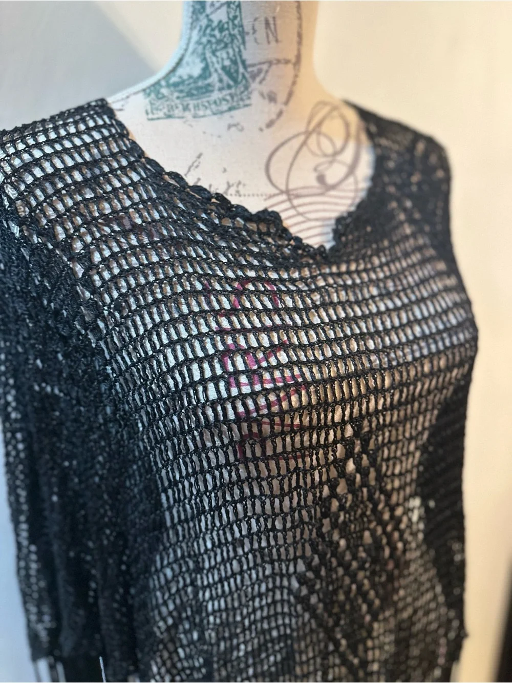 Reaction Kenneth Cole Black Crochet Fringe Poncho Shawl